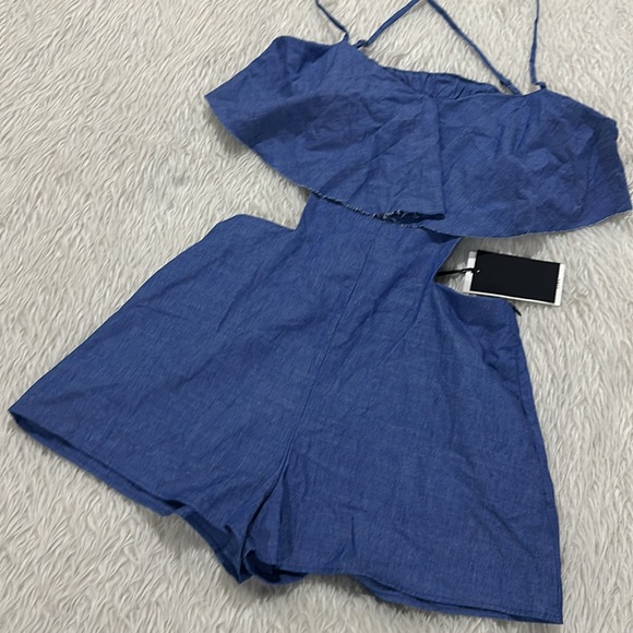 Zara blue denim ruffle cutout romper size medium new - Picture 2 of 6
